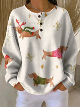 Women's Christmas Dachshund Pattern Art Print Casual Waffle Sweatshirt